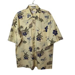 Pierre Cardin Tropical Shirt Mens L Short Sleeve Yellow Floral Print Buttons